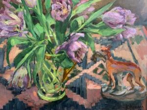 Parrot Tulips and a Staffordshire Dog